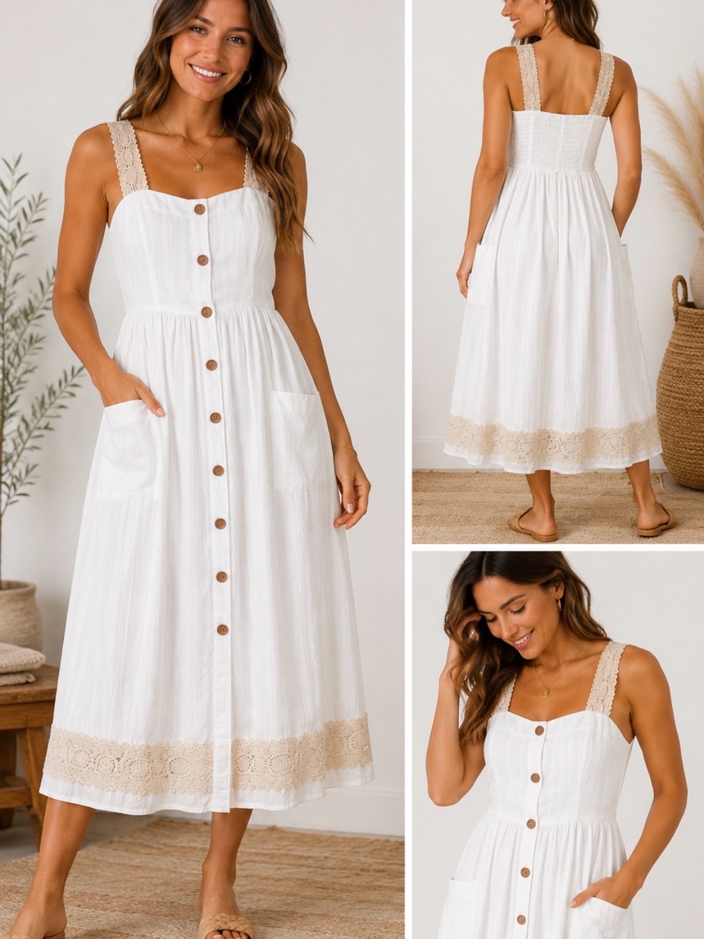 Haute Hippie Style Maman & Moi White Lace Trim Midi Dress Size 4 NWT